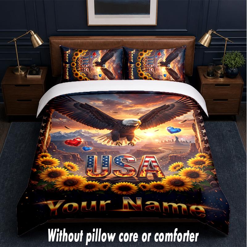 American Patriotic Theme Custom Text Or Name 3Pcs Bedding Set,1 Flat Sheet & 2 Pillowcases Personalized Home Bedding