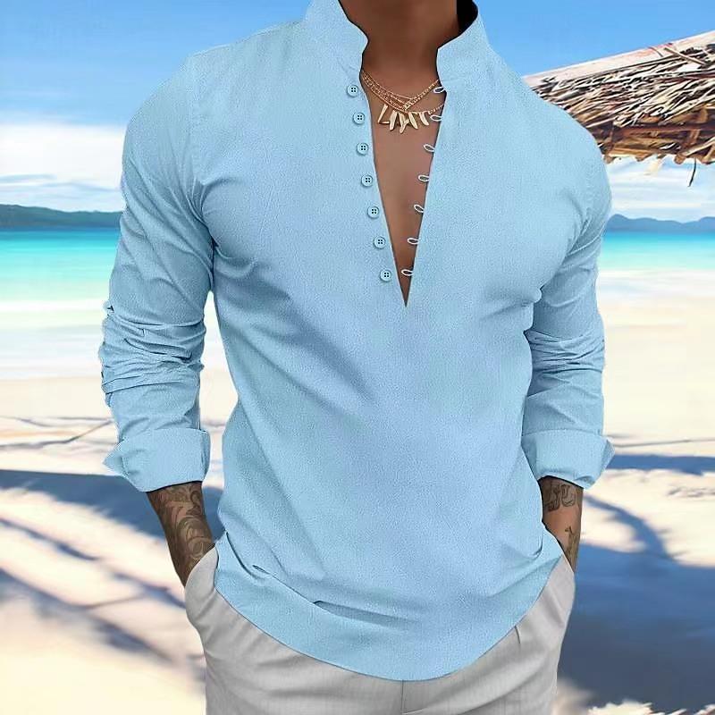 

Men s Solid Color Cotton Linen Casual Long Sleeved Polo Shirt XXXL небо синє кольору