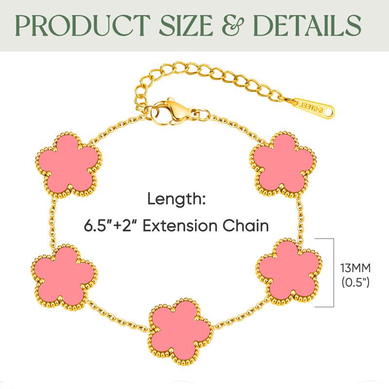 Women Flower Charms Bracelet 18K Gold Plated, Stainless Steel Lucky Flower Link Wrist Jewelry Birthday Gift