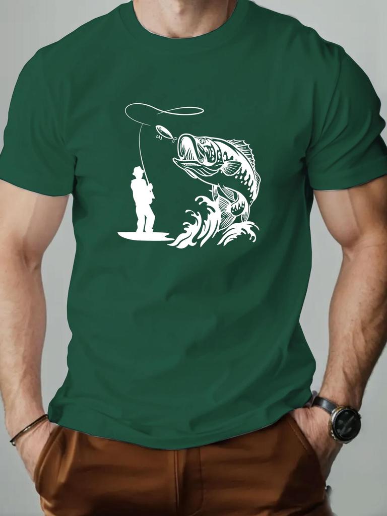 Mens Summer Large Fish Pattern Casual Roundneck Shortsleeved Soft Comfortable Breathable Cotton Fishing Enthusiast Tshirt