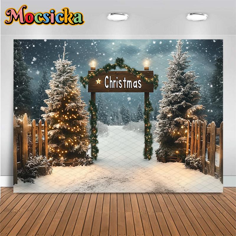 Mocsicka Christmas Background Photography Forest Tree Child Photo Backdrop Wallpaper Winter Snow Door Party Decorations Banner
