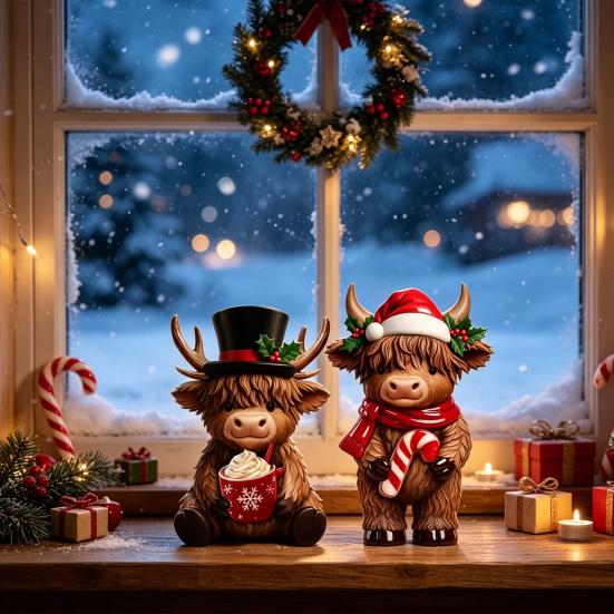 Harz Feiertag Haus Dekoration 2 Stück Weihnachten Hochland Rinder Figuren, Weihnachtsmann Rentier Kuh, mit Hut, Niedliches Kalb Schal Und Hut Heißer Kakao, für Garten