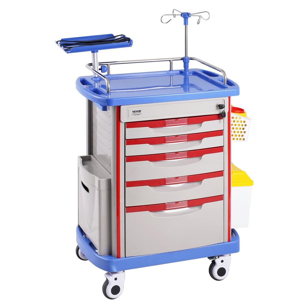 5 Tiers Lab Carts Mobile Medical Cart with 5 Drawers & 2 Trash Cans Blue
