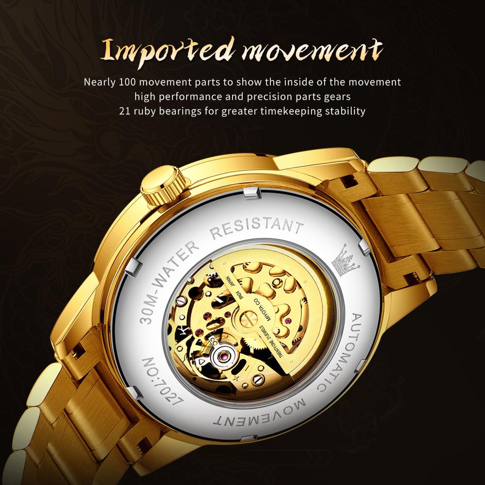 OLEVS Gold Steel Dragon Dial Automatic Watch Men Full Steel Waterproof Miyota Mechanical Mens Watches Top Brand Luxury Relogio