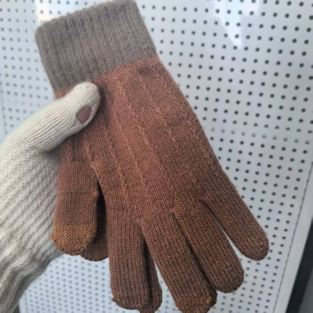 Fleece thickened warm and cold-proof five-finger gloves, riding fleece students winter windproof jacquard knitted gloves