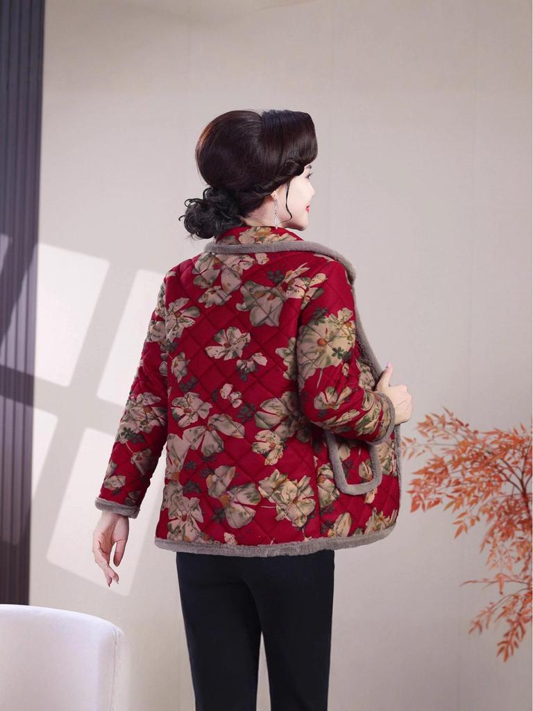 Warm Floral Cotton-Padded Jacket for Middle-Aged & Elderly Women - Fleece-Lined, Turn-Down Collar, Thickened Winter Coat