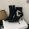 Big rhinestone short boots autumn and winter new pointed belt buckle high heel fashion boots side zipper temperament short boots