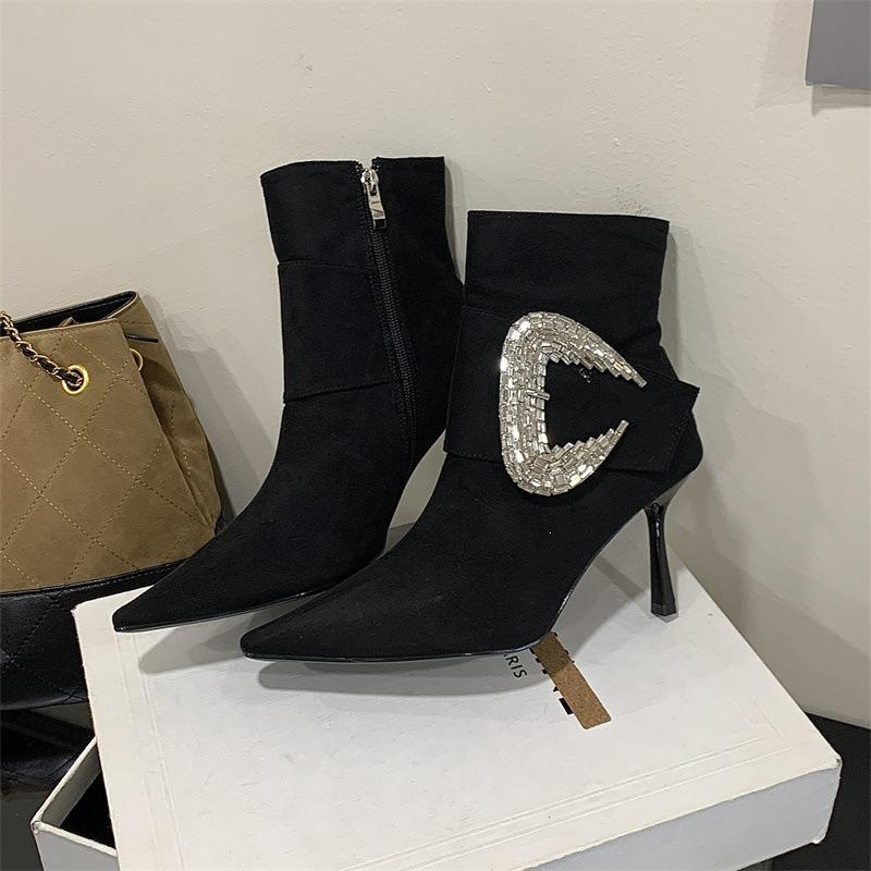 Big rhinestone short boots autumn and winter new pointed belt buckle high heel fashion boots side zipper temperament short boots