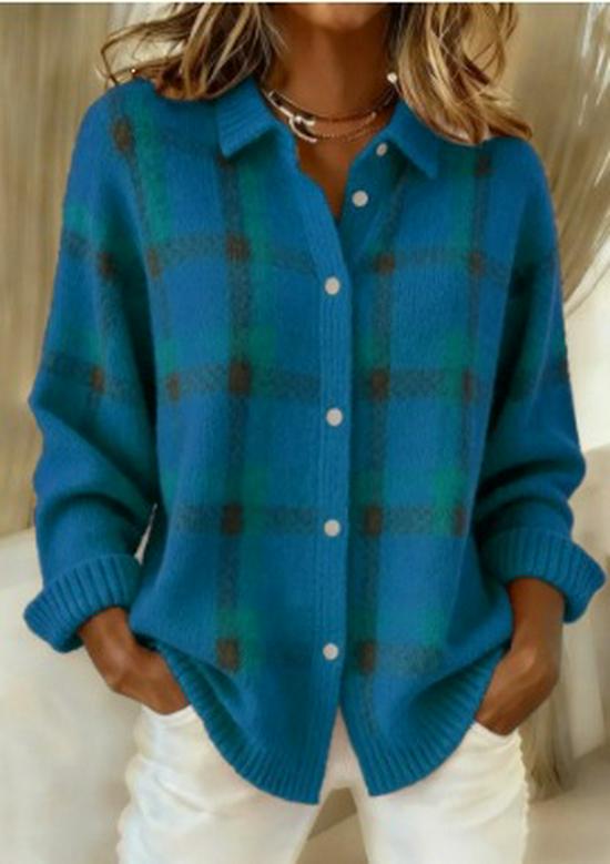 Women's Casual Plaid Long Sleeve Lapel Shirt Sweater Cardigan