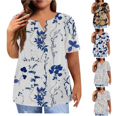 Women's Short Sleeve Shirt Button Plus Size T-Shirt Flower Printed Casual Tops