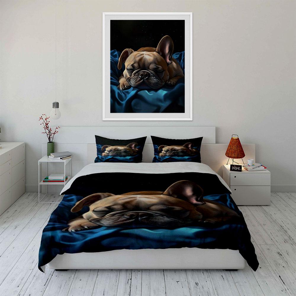 3pcs French Bulldog Bedding Set Blue + Dog Print (1Duvet Cover + 2Pillowcase) for Bedroom Decor,Single Double, Multiple Sizese
