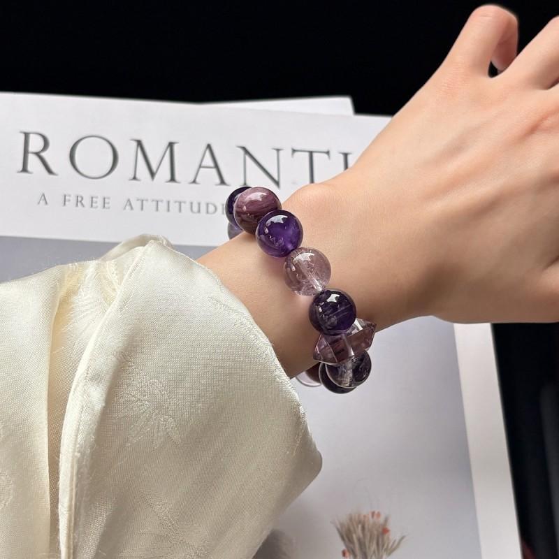 Handmade Natural Purple Amethyst Lepidolite Beaded Bracelet Women 14mm Round Elegant Boho Chic Style