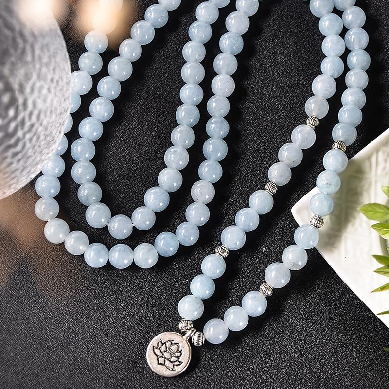 Pulseira de contas Mala 108 Aquamarine de 8 mm Yoga Japamala Rosário Joia com cordão elástico Pulseira enrolável para mulheres