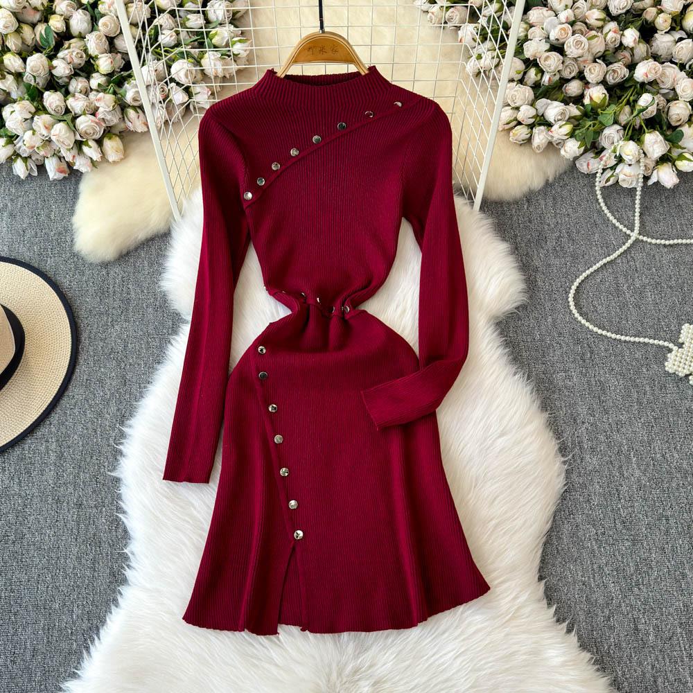 

Вязаное платье ручной работы с заклепками по-французски, нежное женское платье, пригородное, с высоким чувством, трикотажное платье, нижние платья One Size бордовый