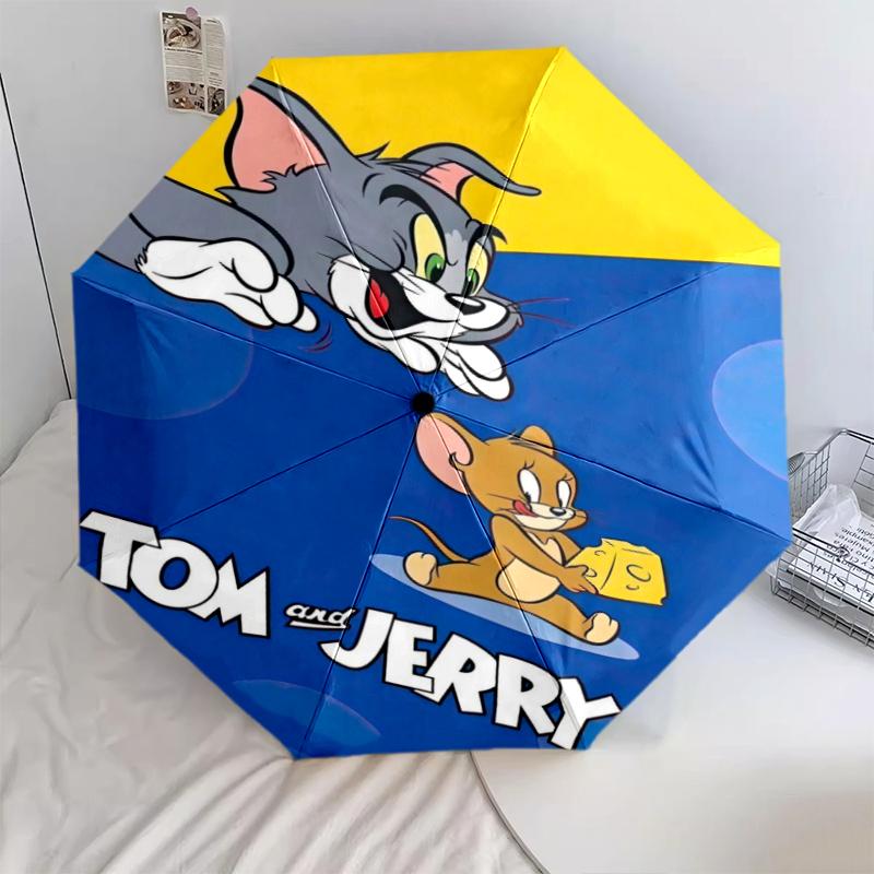 1pc Tom and Jerry pattern Umbrella Portable Folding Umbrella Iron Frame Hole Bone Structure Outdoor Home Umbrella