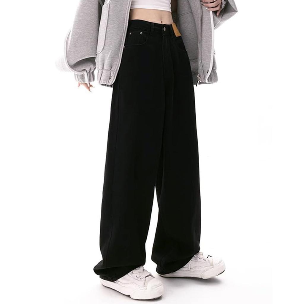 American Retro Black Fall And Winter Straight Casual Jeans For Women, Design, Loose High Waist, Slimming Wide Leg Trousers Trendy