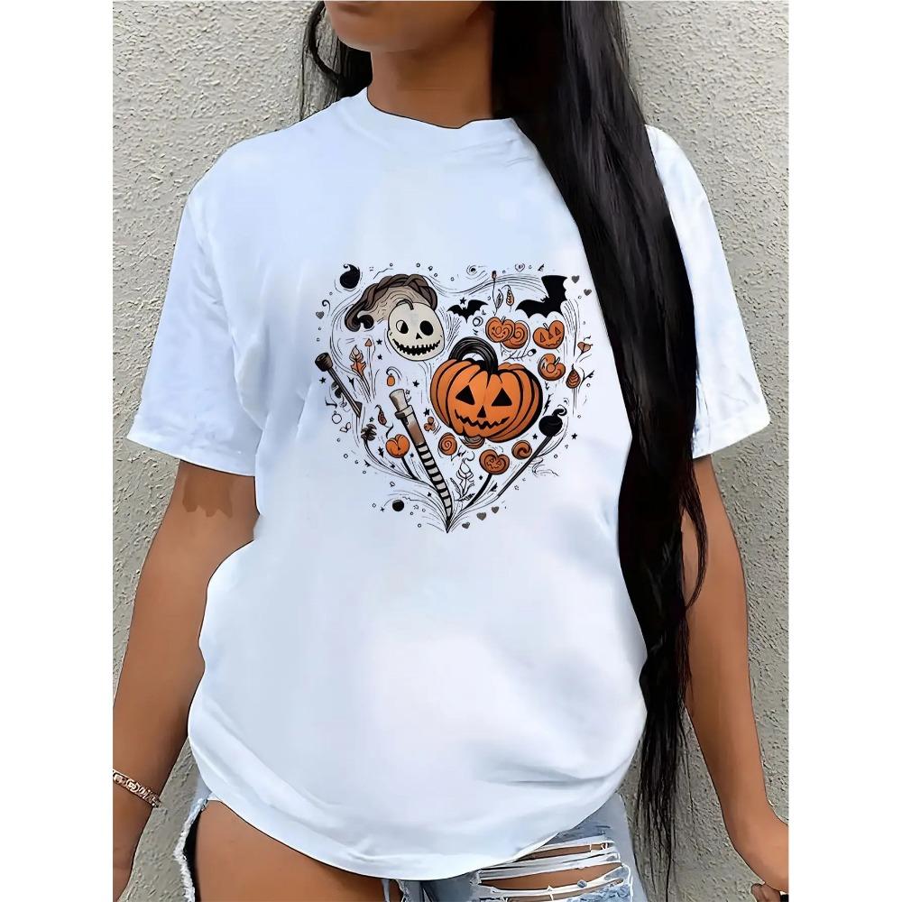 

Women S Halloween T-Shirt Black Spooky Pumpkin Bat Witch Hat Graphic Tee Summer Sleeved Harajuku Streetwear Tops 3XL