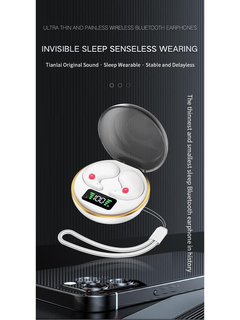 BY8 Bluetooth Sleep Earbuds - Non-In-Ear, Double Ear, Mini Invisible Design with Charging Case & Digital Display - Casual Stereo Sound.