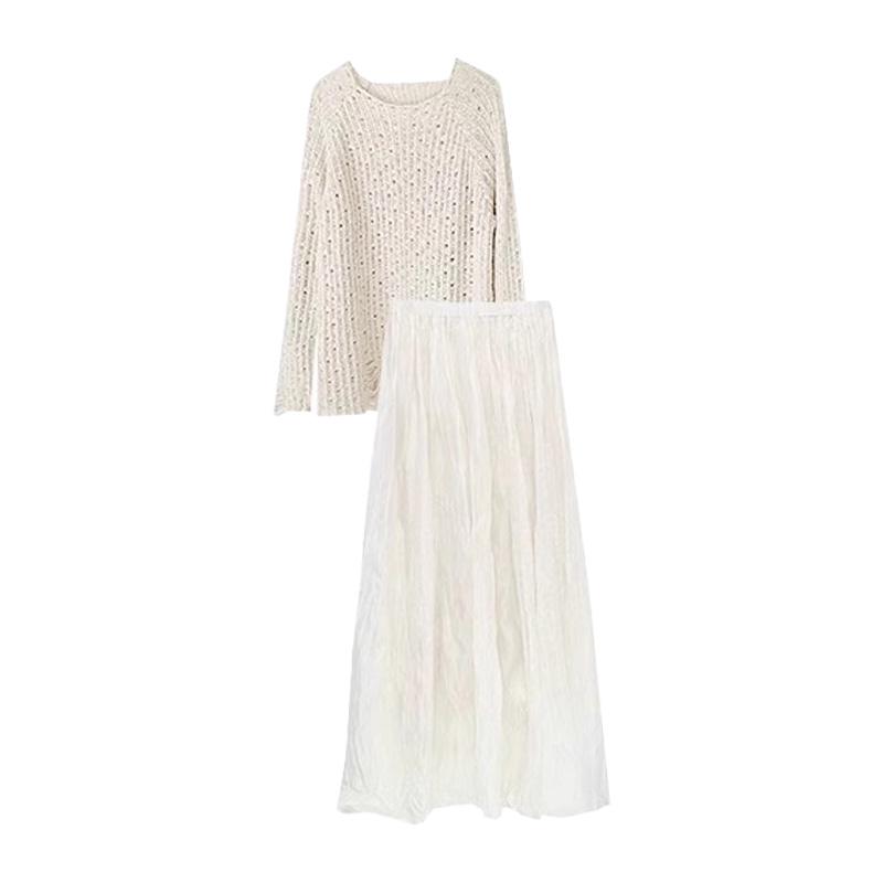 **Korean Autumn Casual Knitted Sweater & Mesh Midi Skirt Set In Tea Color**