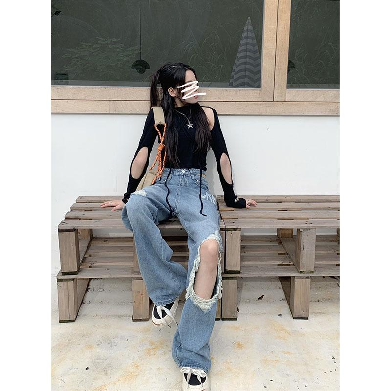 Women's High Waist Washable Ripped Jeans - Slimming, Loose Fit, Floor-Length Wide-Leg Pants