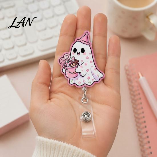 Lightweight Retractable Badge Holder Halloween Ghost Reel, Glitter Acrylic Clip, Cute Pink Smooth Cord Reel ID Name for Women Nurse Teacher