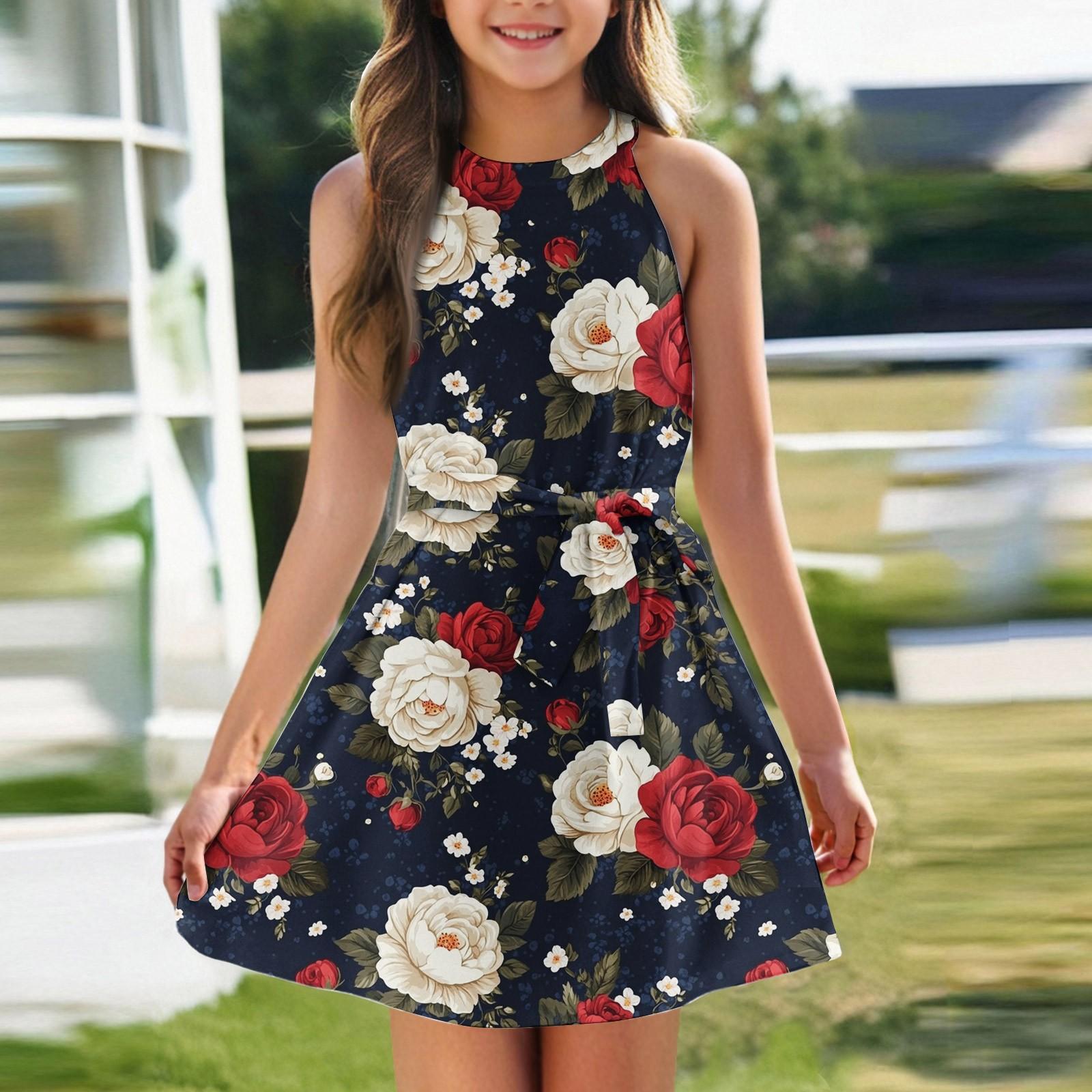 

Летнее платье для девочек Платье без рукавов на бретельках Однотонное платье без рукавов с принтом Повседневное платье 160 красный