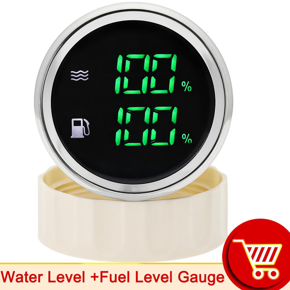 52mm 2in1 Gauge Digital Fuel Level Water Level Gauge With Alarm Water Temp Holding Tank Level Gauge Voltmeter for Car Boat Yach