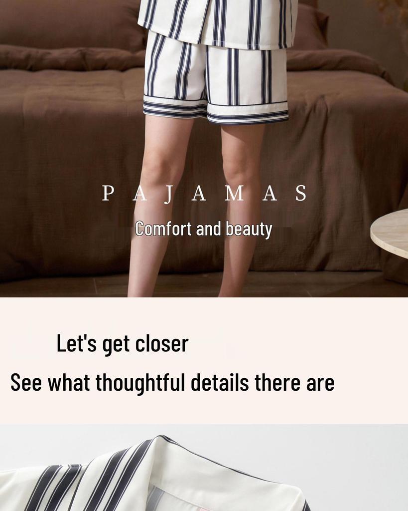Damen Gestreiftes Eis Seiden Pyjama Set, Kurzarm Oberteil & Shorts für Drinnen oder Draußen