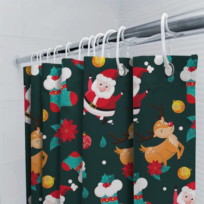 Christmas Shower Curtain Set Reindeer And Santa Claus Decorated Waterproof Bathroom Linen Print Festive Home Decoration For Merr