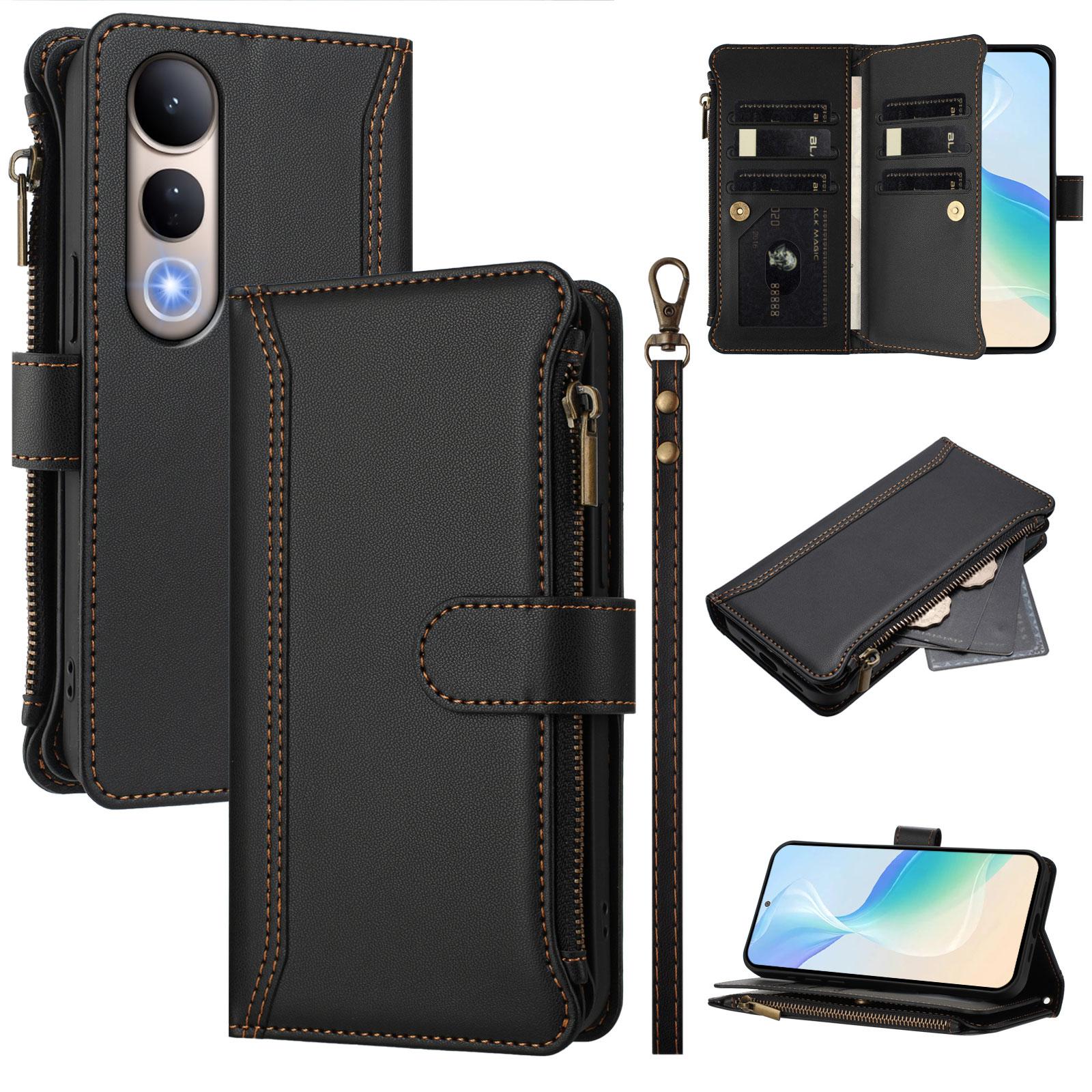 

For vivo V50 Lite 4G/vivo V50 Lite 5G Leather Case 9 Card Slots Zipper Wallet Stand Phone Cover with Wrist Strap Black