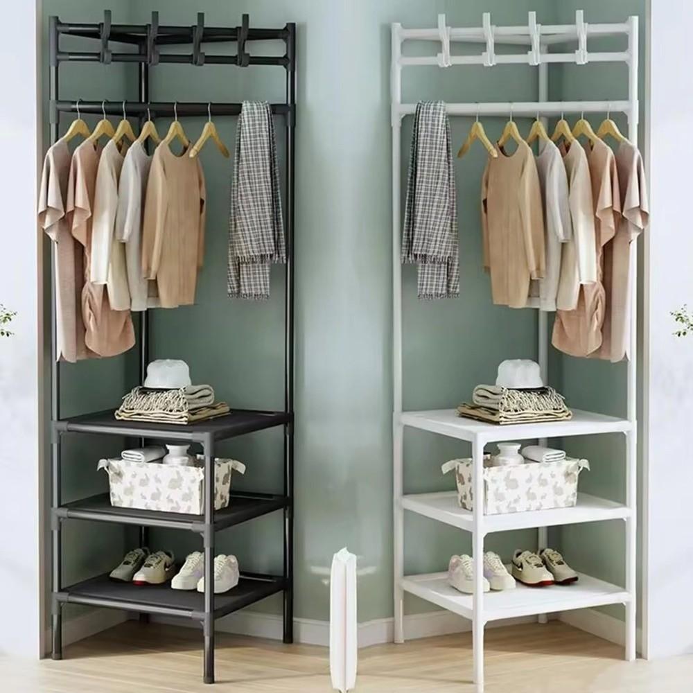 Anti-toppling Floor Standing Shelf Hanging Rod Clothes Organization Rack Shoes Shelf  Bedroom