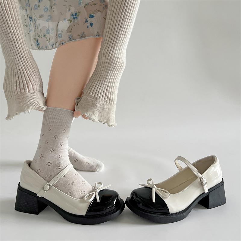 Mary Jane small leather shoes high heels French summer 2025 new retro thick heel bow single shoes small fragrant style