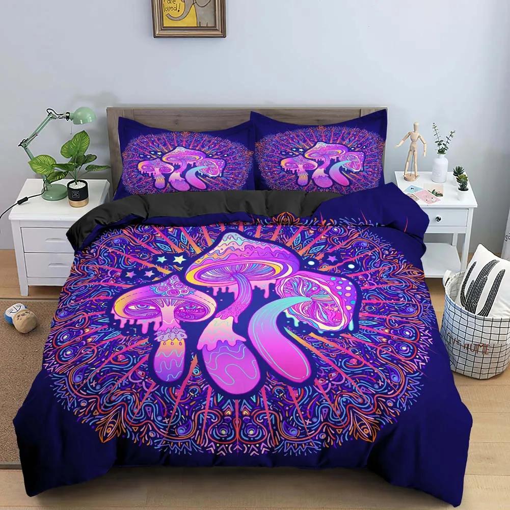 Blue Purple Beding Mushrom Soft Duvet Cover Set Fantasy Galaxy Sky Mushrom Design Psychedelic Young Boys Young Girls Gifts Bedrom Decoration
