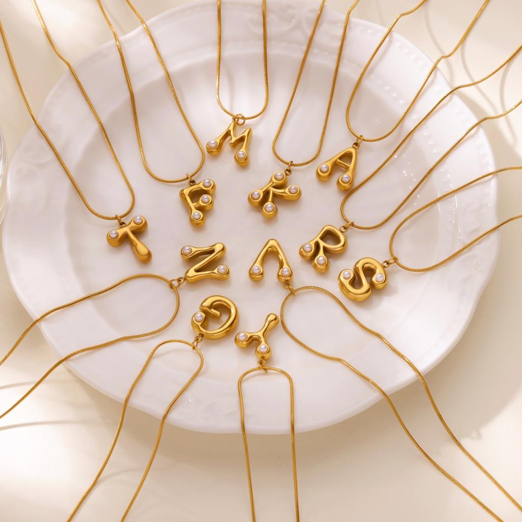 Initials Letter Pearl Necklaces For Women Gold Color Stainless Steel Letter Necklace Chain Collar Necklace Wedding Jewelry Gift