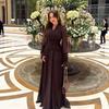 Women's new French high-end retro style brown V-neck long-sleeved waist wide pendulum temperament dress