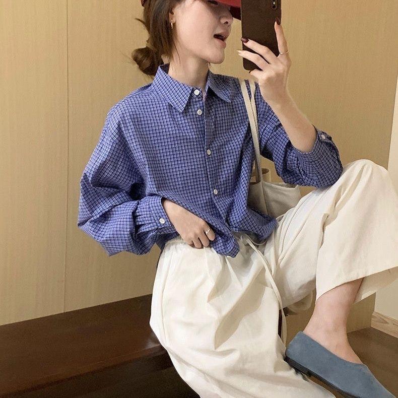 American Style Relaxed Loose Blue Plaid Shirt for Women, Spring/Autumn Casual Versatile Vintage Long-Sleeve Shirt Layered Top