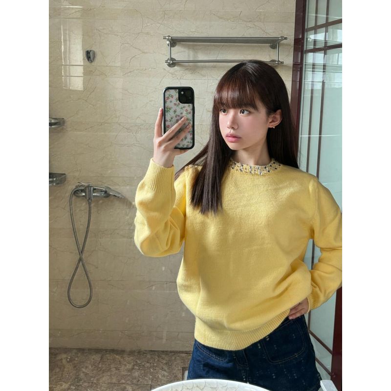 

Miu Diamond-Embedded Yellow Soft Glutinous Loose Casual Neckline Yellow S([Recommended 37.50 kg-47.50 kg]])