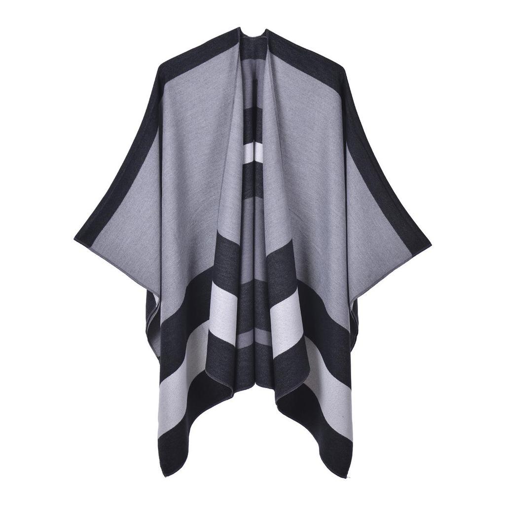 Stylish Striped Double-Sided Scarf Shawl: European & American Fashion Cape Women's Warm Outerwear Cardigan