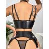 Fun Underwear Sexy Black Women's Hollow Mesh Lacquer Leather Connection Buckle Underwear Fun Set