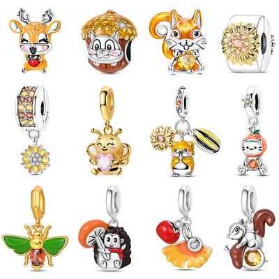 Autumn Charms Copper Brown Squirrel Pumpkin Bees Charms Beads Fit 3Mmoriginal Bracelets Diy Jewelry Warm Gifts