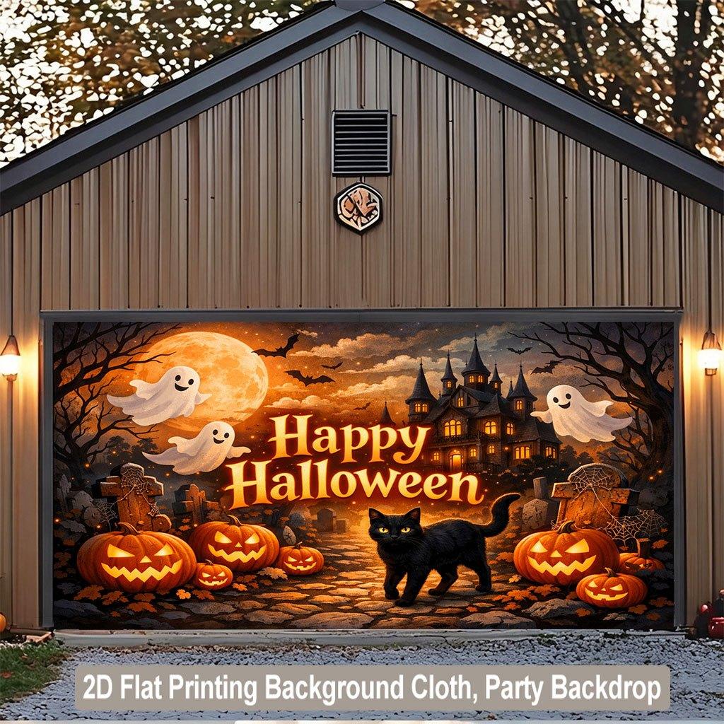1 piece of 2D flat background fabric, Halloween pumpkin lantern and black cat ghost background fabric, home decoration