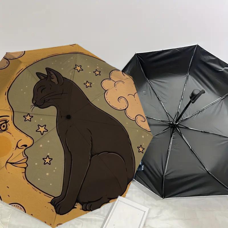1pc Moonlit Cat Dreamscape Umbrella with Plastic Handle,Suitable for All Seasons Home Travel Outdoor UmbrellaDD873