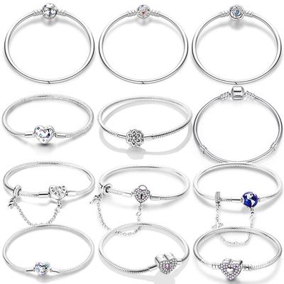 Bracelets Originaux en Argent 925 17-20CM en Forme de Cœur Étoile Lune Flocon de Neige Papillon pour Femmes Adaptés aux Breloques DIY Cadeaux d'Anniversaire