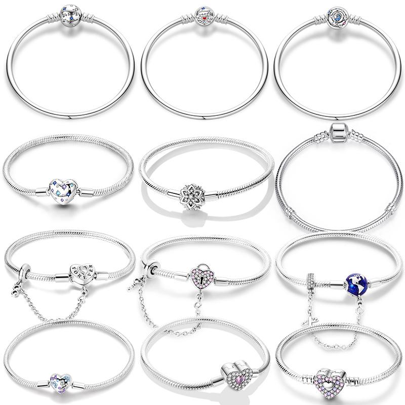 Original 925 Silver Heart Star Moon Snowflake Butterfly Bracelets 17 20CM For Women DIY Charms Jewelry Gifts
