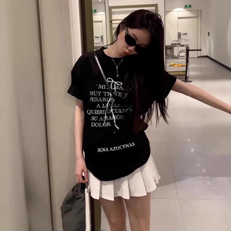 Damen Baumwoll T-Shirt im koreanischen Stil mit Buchstabenaufdruck, Kurzarm, lässig, figurbetont