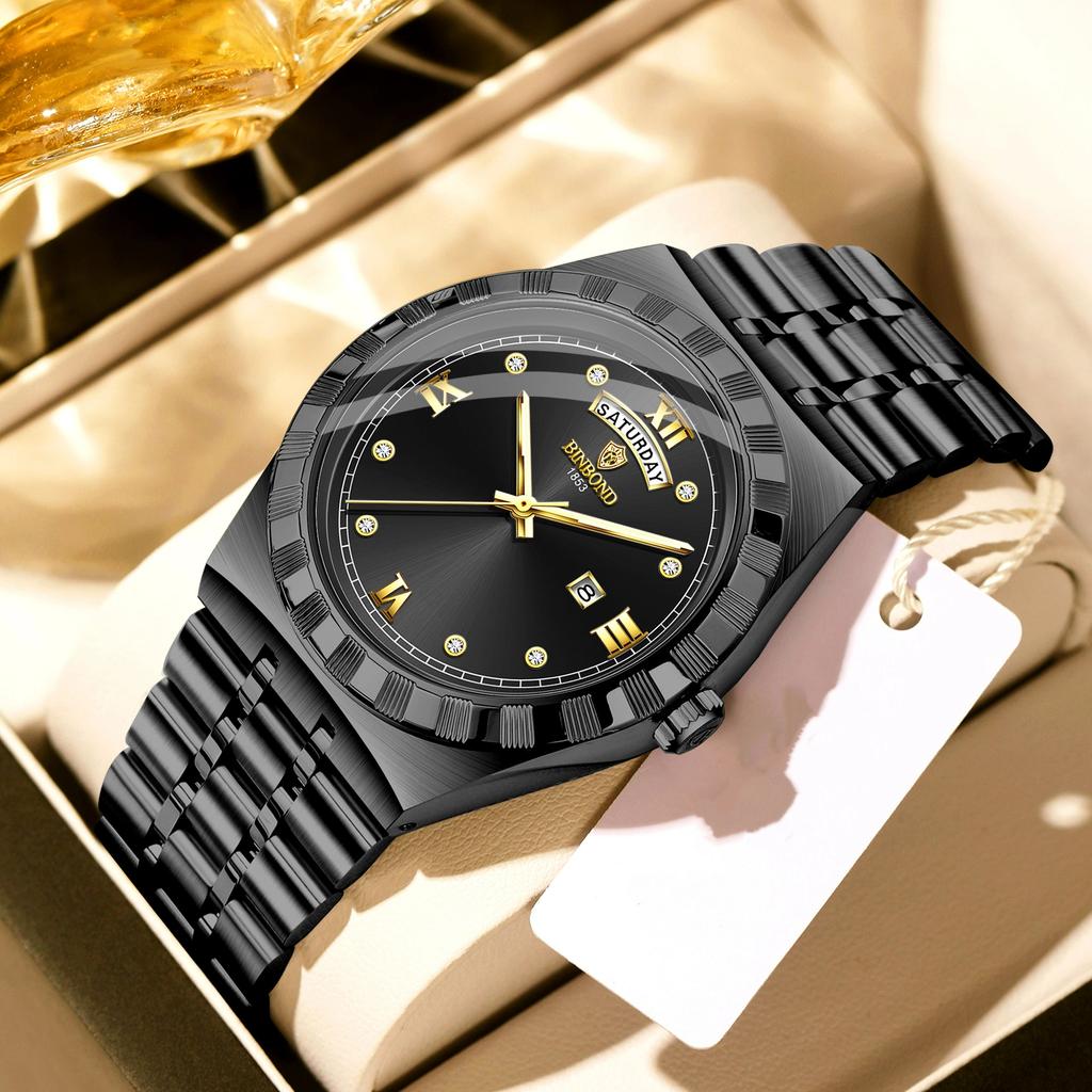 BINBOND Men's Watches Simple Fashion Original Quartz Watch for Man Texture Dial Stainless Steel Date Week Trend Dress Wristwatch