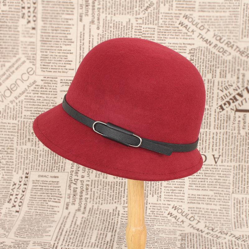 Autumn and winter wool woolen hat women's retro belt decoration multi-colored basin hat bucket hat wool felt hat