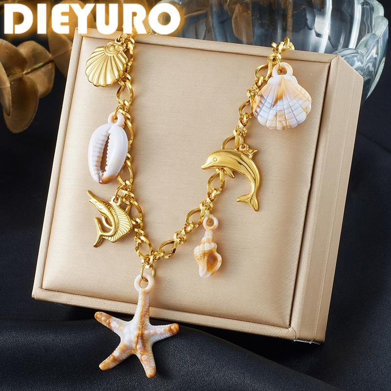 DIEYURO 316L Stainless Steel Ceramic Starfish Shell Golden Dolphin Fish Many Pendant Necklace Lady Ocean Vacation Jewelry