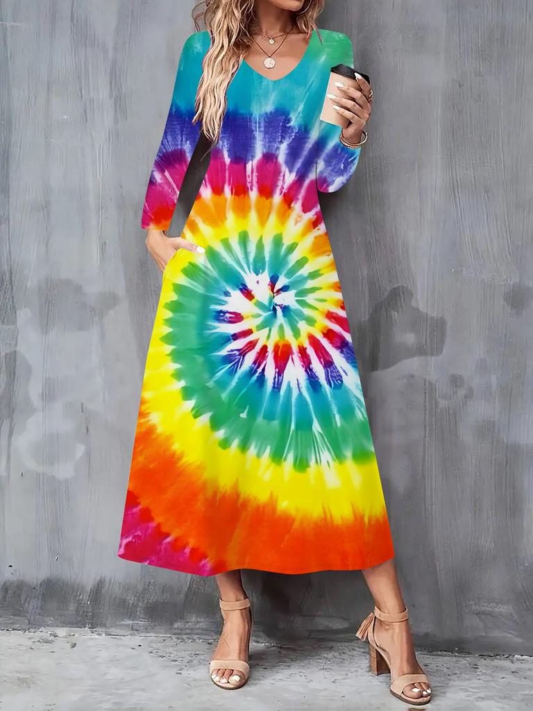 2025 Autumn and Winter New Women Casual Fashion Dress 3D Tie-dye Print Long Sleeve V-Neck A-Line Dresses