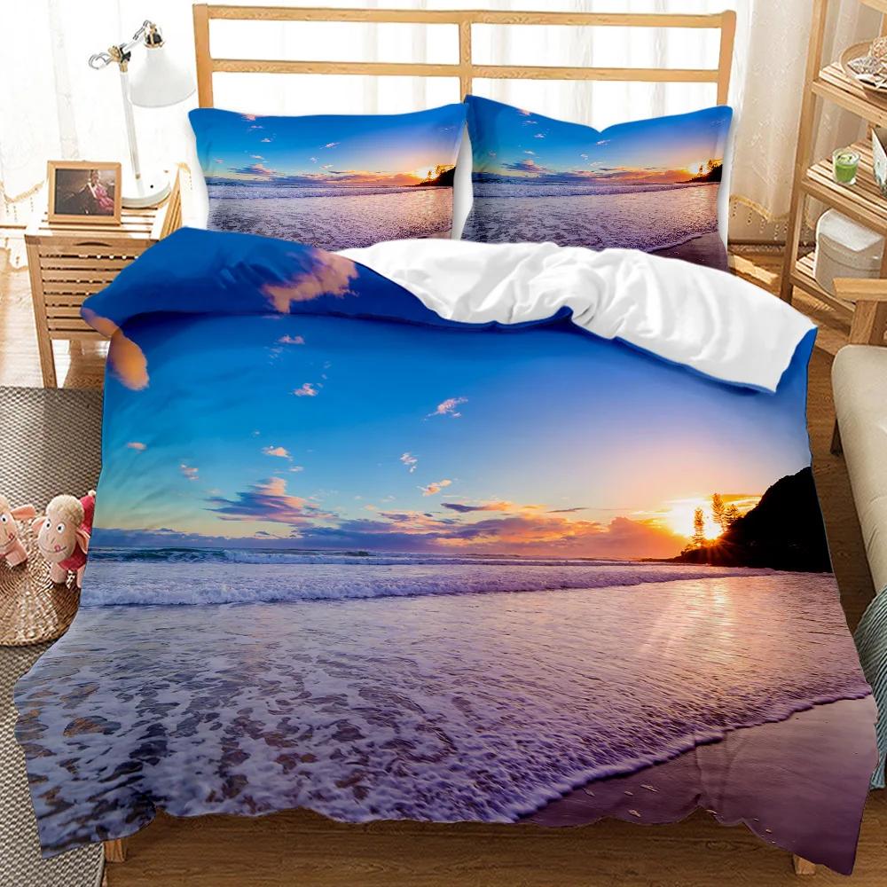 Beach Duvet Cover Set Summer Ocean Bedding Set Hawaiian Marine Sea Waves 3D Print Starfish Polyester Comforter Cover Queen King